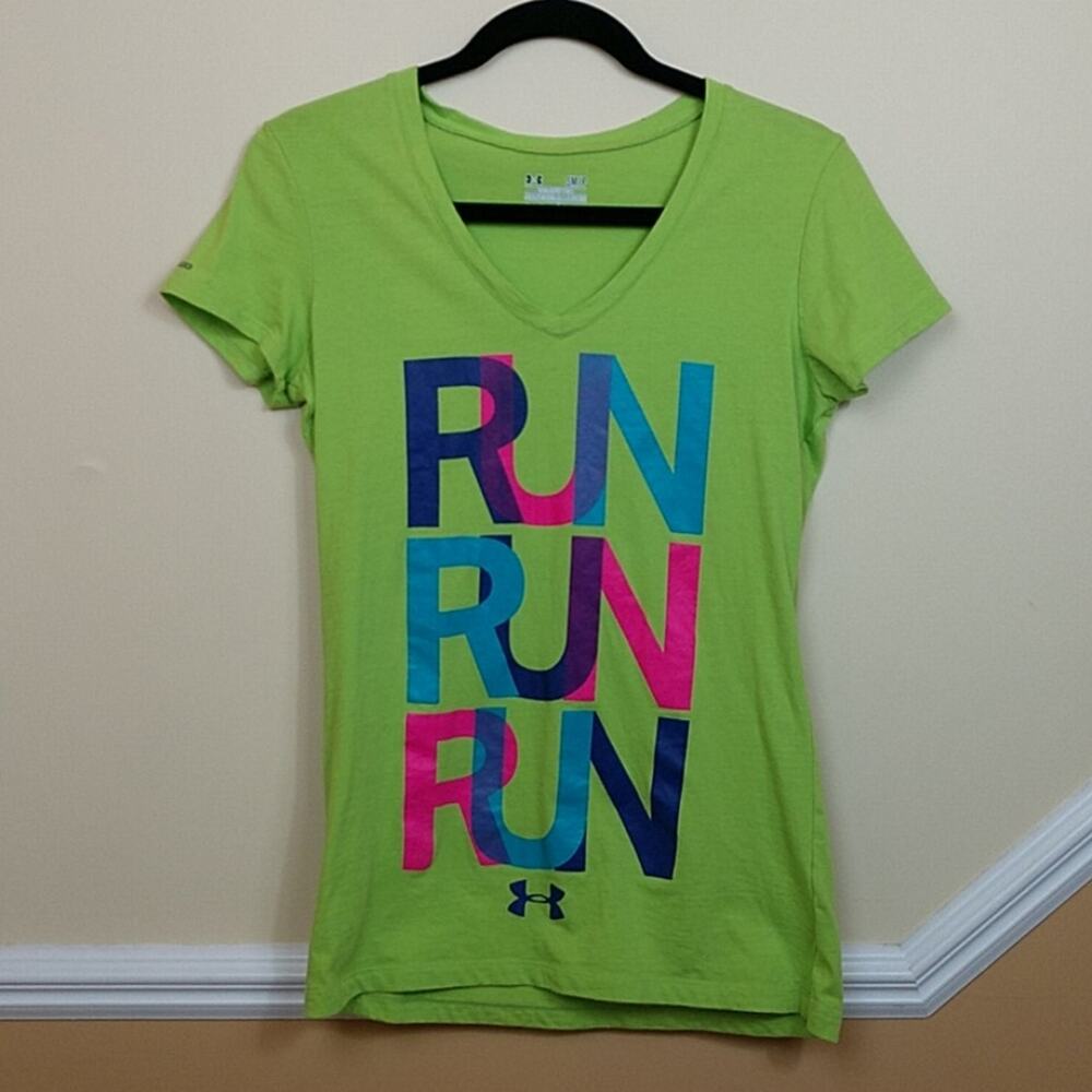 Under Armour "RUN" Semi-fitted Heat Gear Green Graphic Spellout T-Shirt sz Small